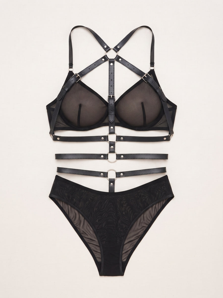 Black Mesh Bodysuit with Strappy Harness Detail-Bodysuit-Bellascena-bellascena