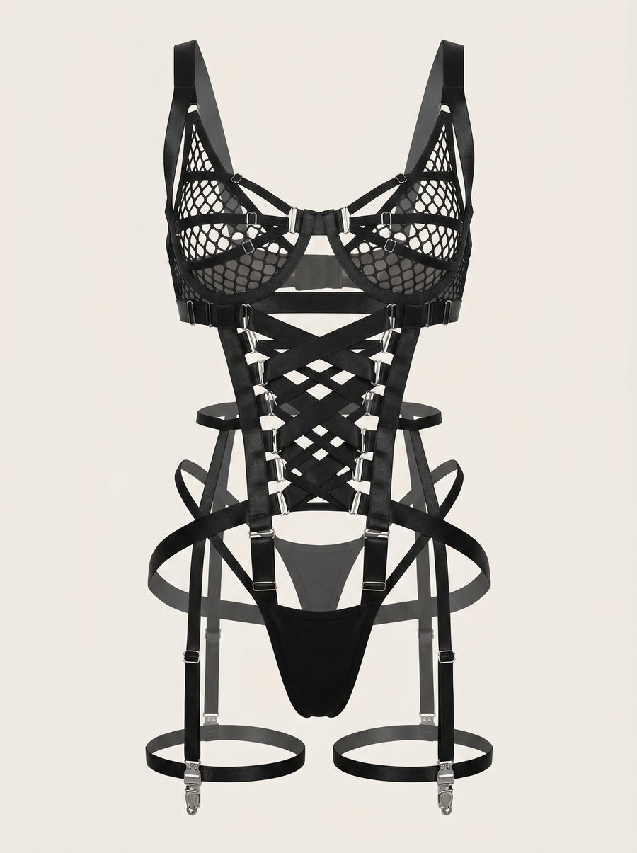 Black Mesh Bodysuit with Strappy Sheer Design-Bodysuit-Bellascena-S-Black-bellascena