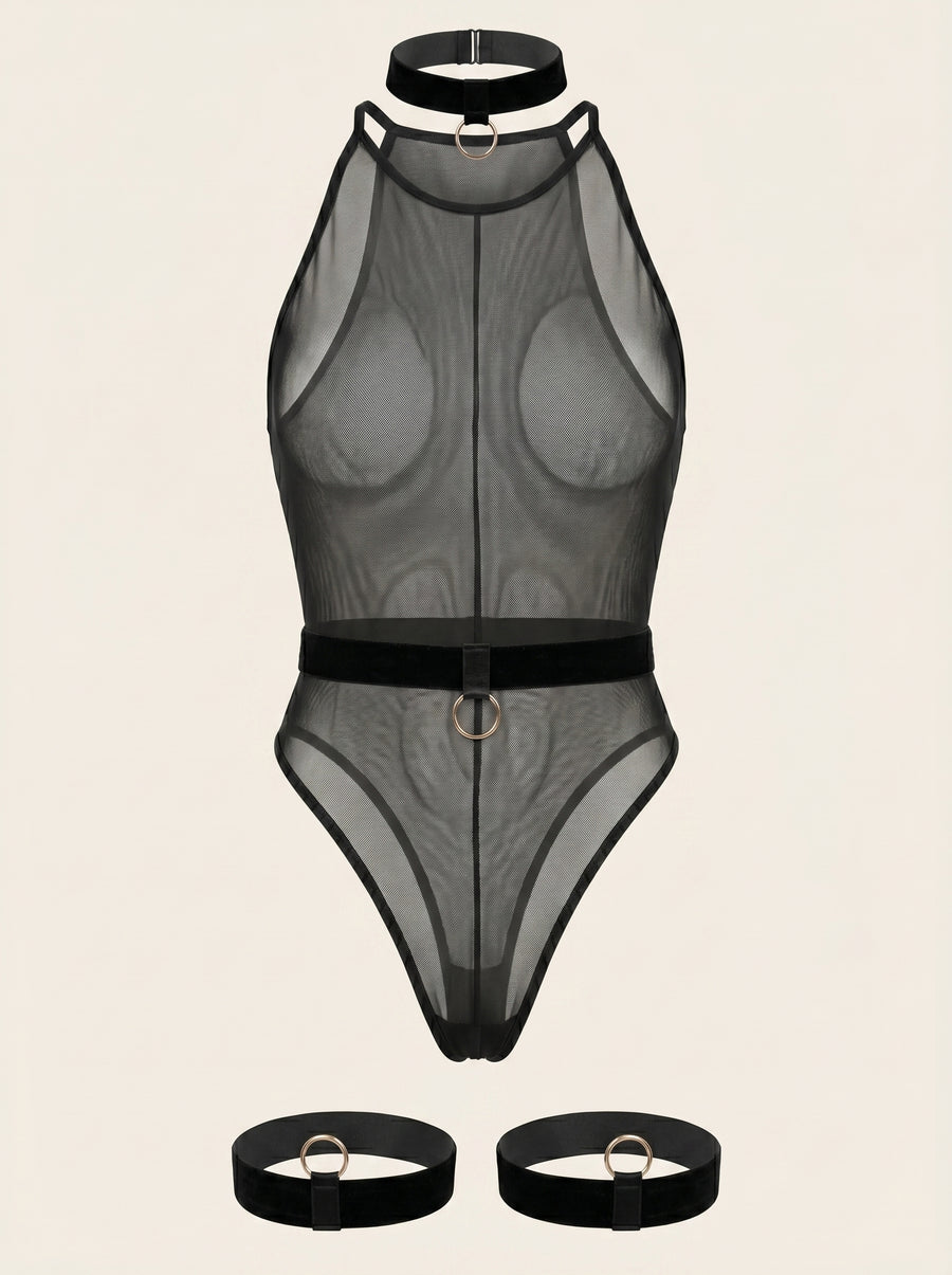 Black Mesh Bodysuit with Strappy Sheer Detailing-Bodysuit-Bellascena-Black-S-bellascena