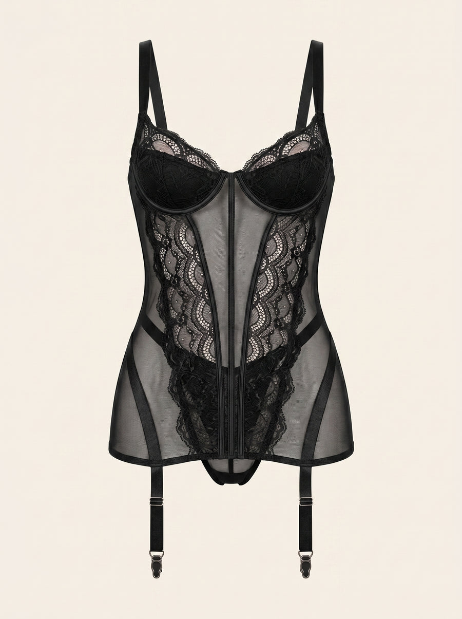 Black Mesh Corset with Lace Overlay and Garter Straps-Corset-Bellascena-S-Black-bellascena