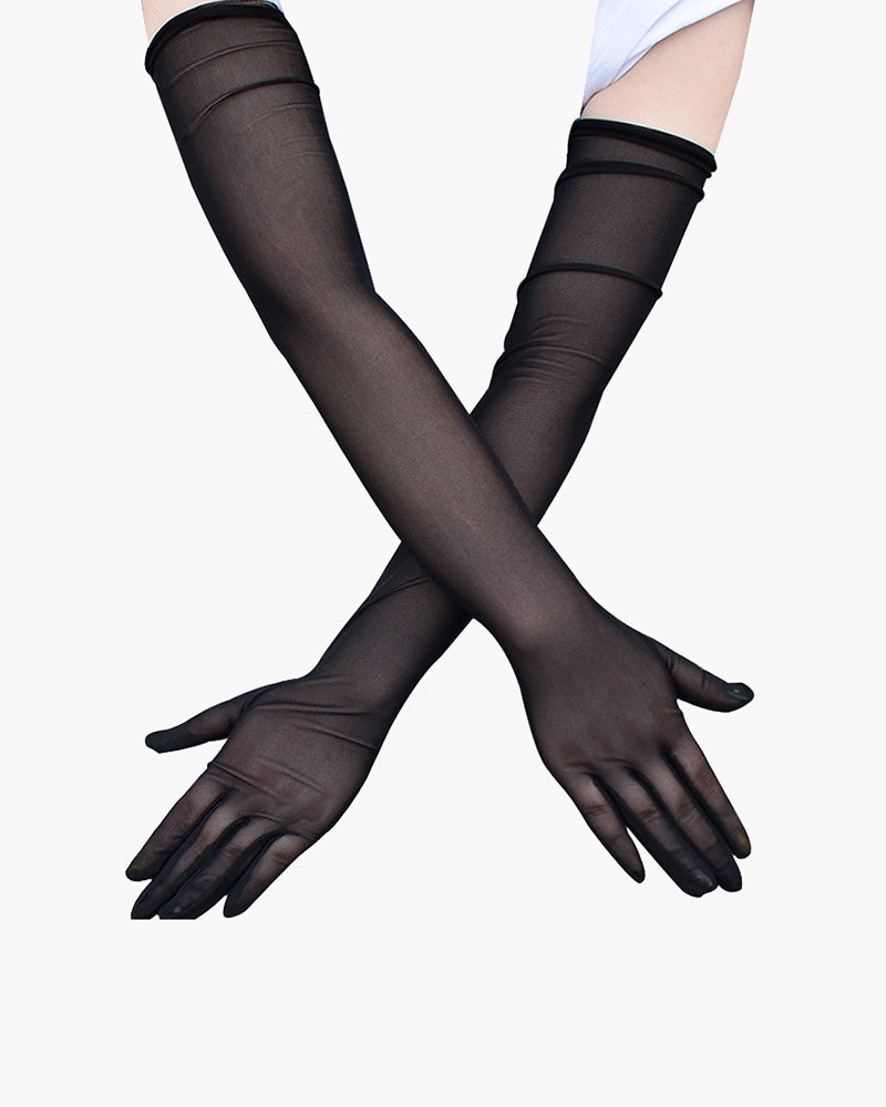 Black Mesh Elbow-Length Gloves with Sheer Texture-Gloves-Bellascena-bellascena
