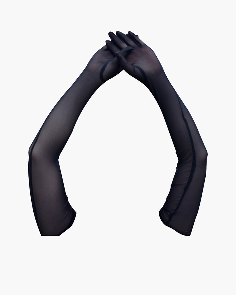 Black Mesh Elbow-Length Gloves with Sheer Texture-Gloves-Bellascena-bellascena