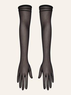 Black Mesh Elbow-Length Gloves with Sheer Texture-Gloves-Bellascena-Black-One Size-bellascena