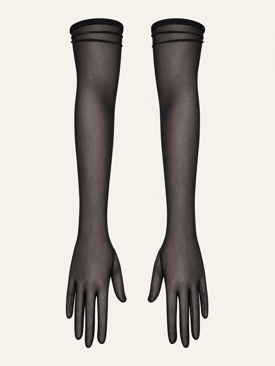 Black Mesh Elbow-Length Gloves with Sheer Texture-Gloves-Bellascena-Black-One Size-bellascena