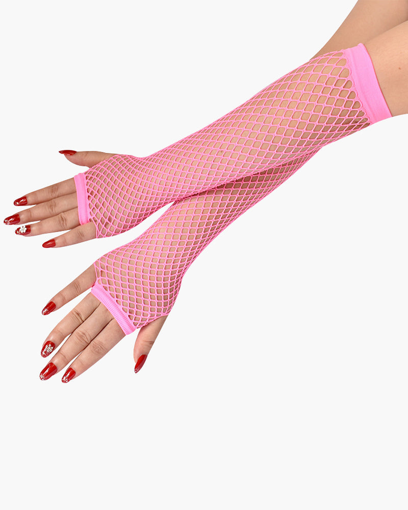 Black Mesh Fingerless Gloves with Sheer Detailing-Gloves-Bellascena-Pink-One Size-bellascena