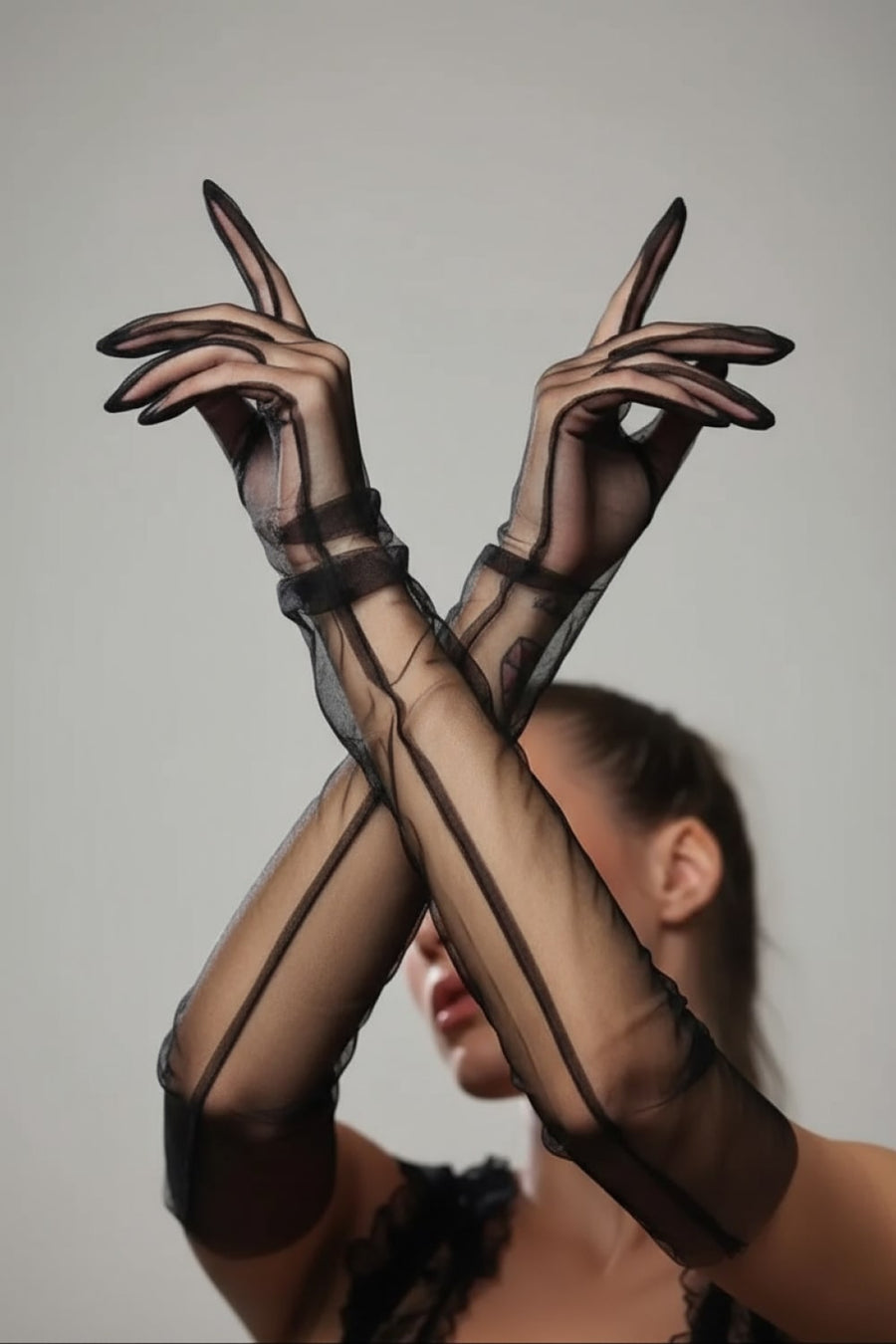 Black Mesh Gloves with Strappy Sheer Details-Gloves-Bellascena-bellascena