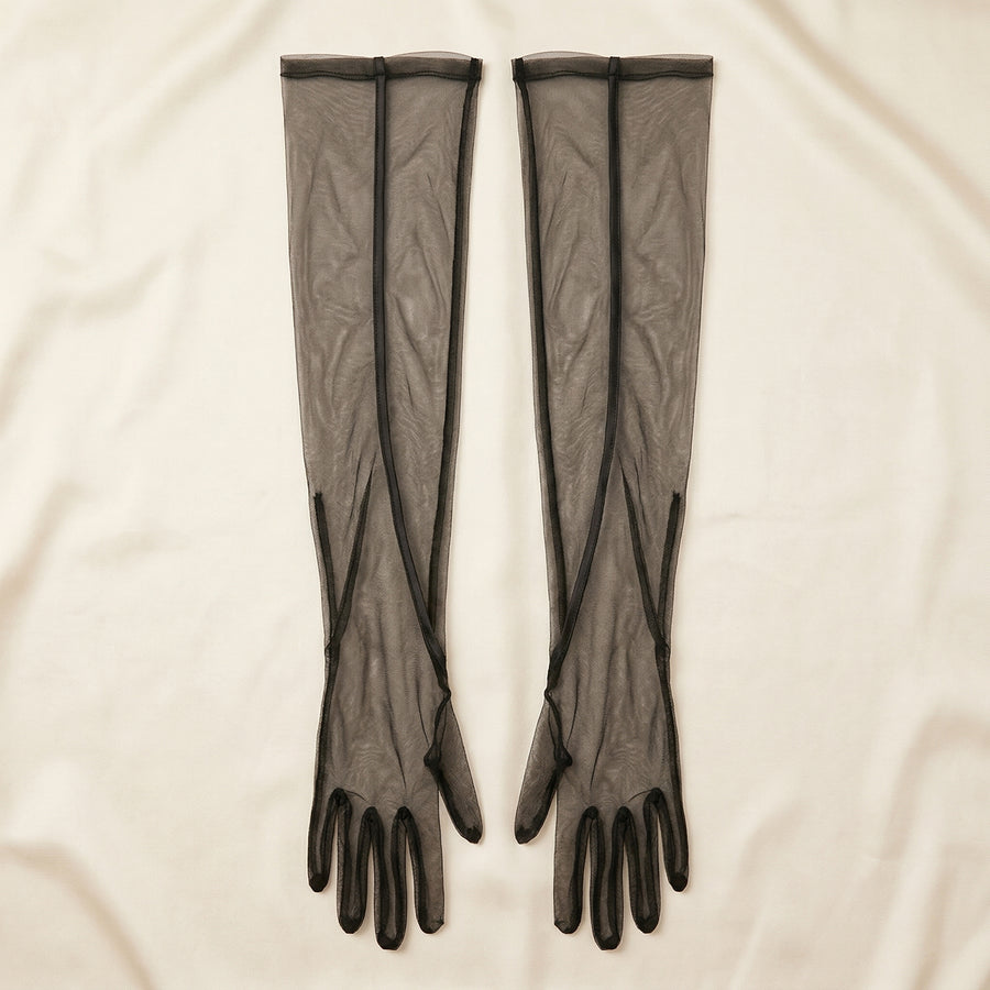 Black Mesh Gloves with Strappy Sheer Details-Gloves-Bellascena-bellascena