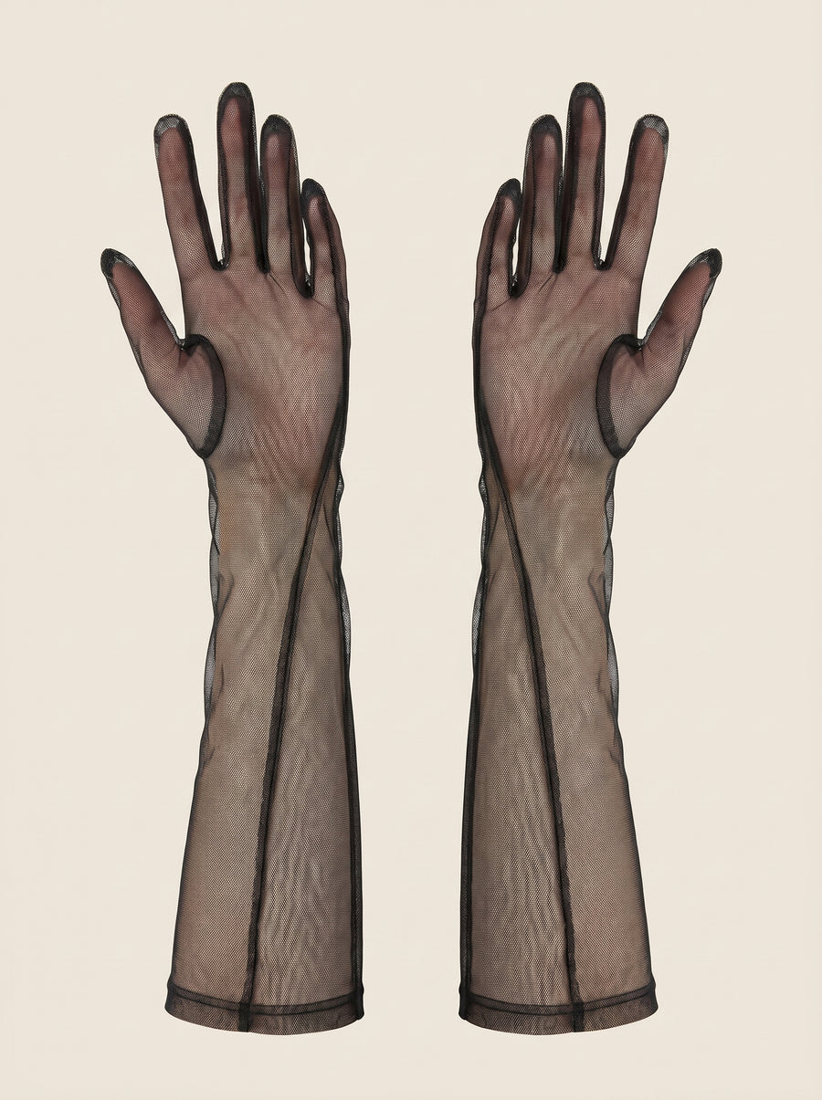 Black Mesh Gloves with Strappy Sheer Details-Gloves-Bellascena-Black-bellascena
