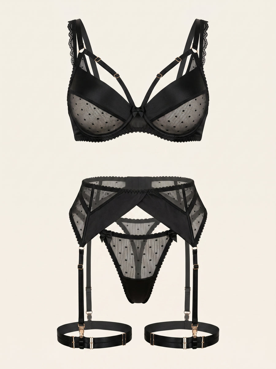 Black Mesh Lingerie Set with Polka Dot Elegance-Lingerie Set-Bellascena-S-S-Black-bellascena