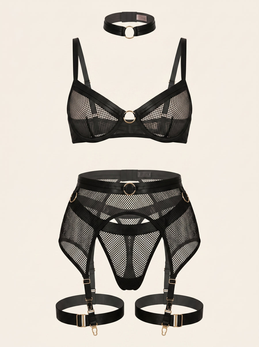 Black Mesh Lingerie Set with Strappy Cutout Design-Lingerie Set-Bellascena-S-S-Black-bellascena