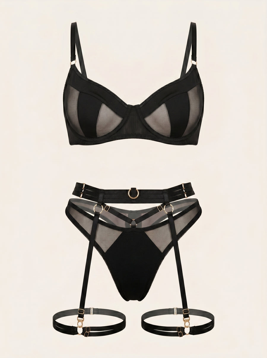 Black Mesh Lingerie Set with Strappy Cutouts-Lingerie Set-Bellascena-S-S-Black-bellascena