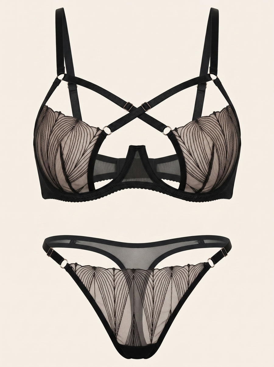 Black Mesh Lingerie Set with Strappy Cutouts-Lingerie Set-Bellascena-S-S-Black-bellascena