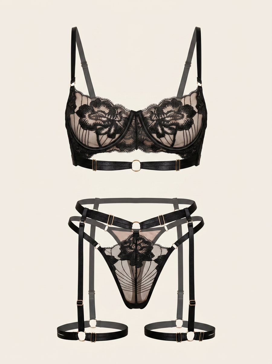 Black Mesh Lingerie Set with Strappy Details-Lingerie Set-Bellascena-S-S-Black-bellascena