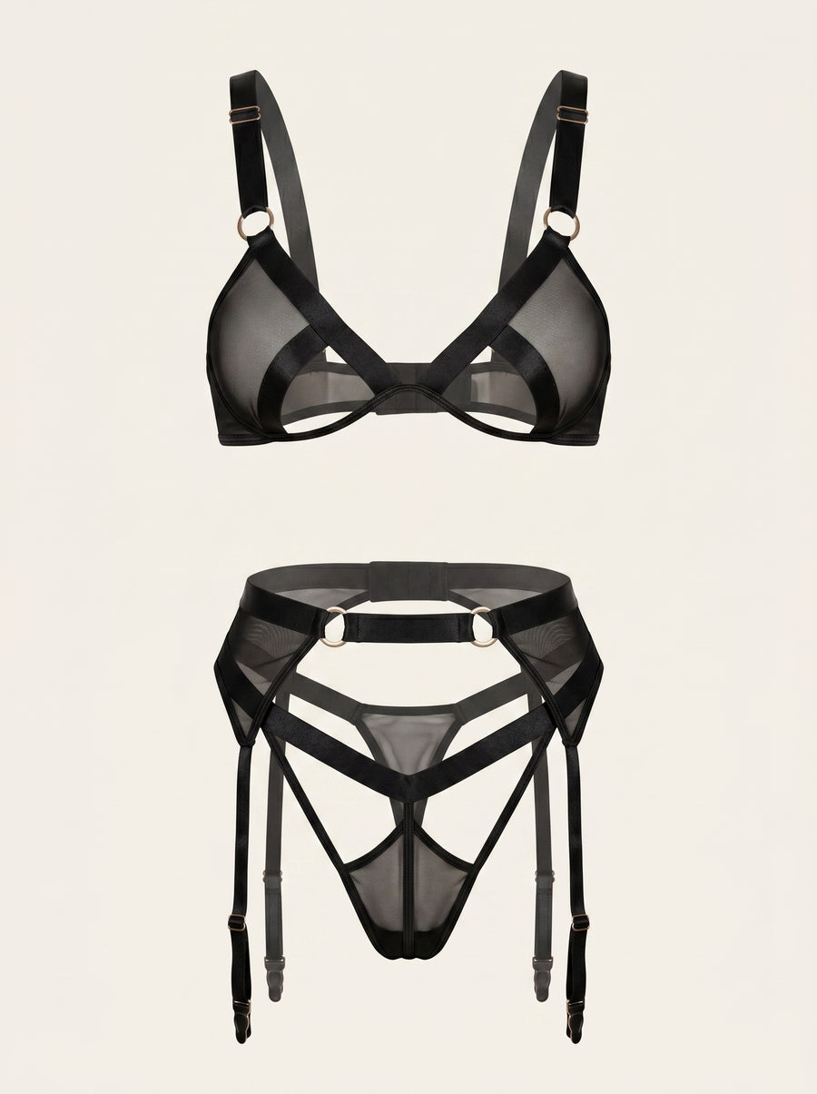 Black Mesh Lingerie Set with Strappy Sheer Design-Lingerie Set-Bellascena-S-S-Black-bellascena