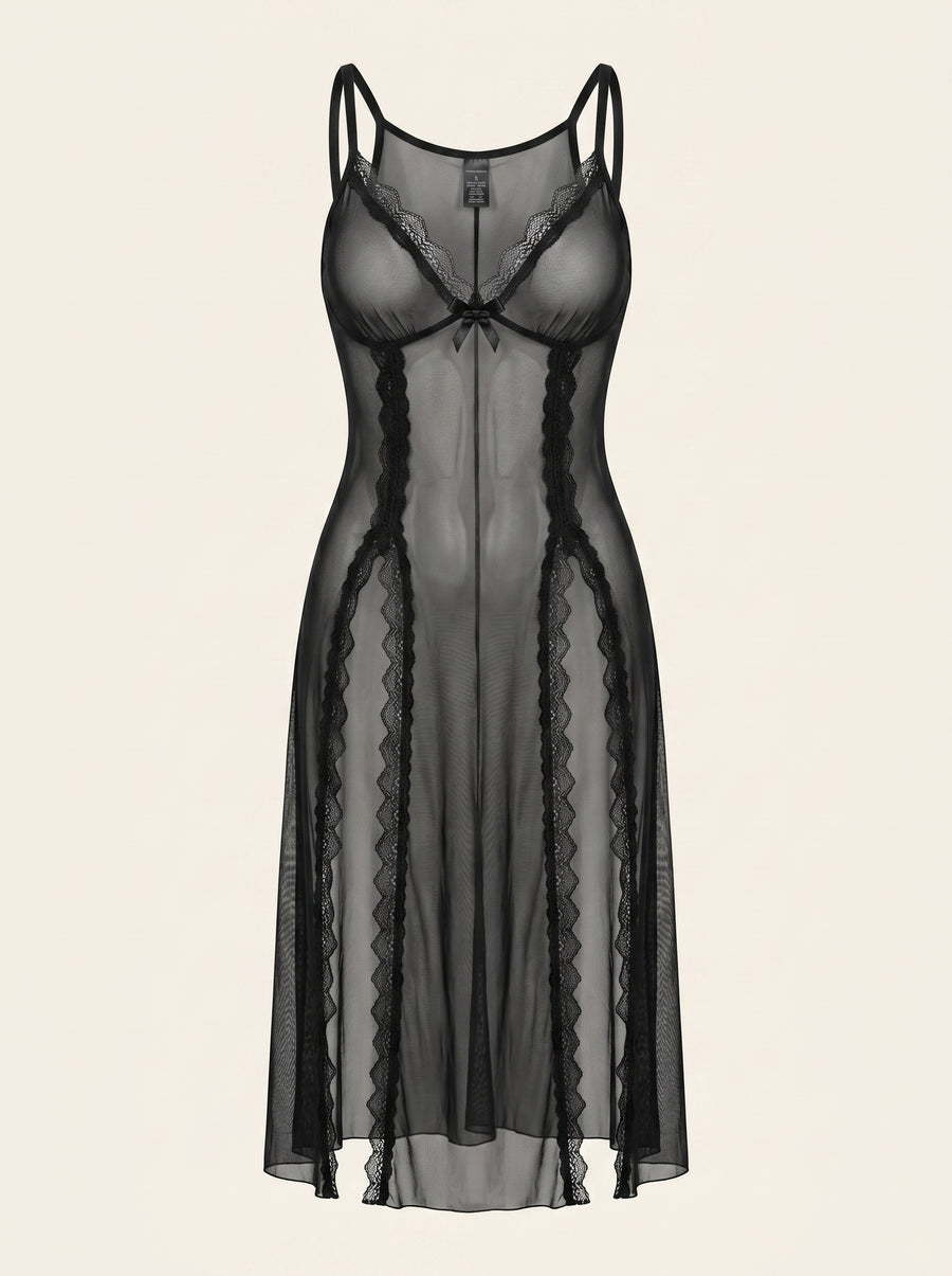 Black Mesh Nightgown with Sheer Lace Details-Nightgown-Bellascena-Black-S-bellascena