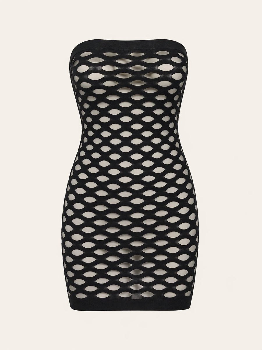 Black Mesh Strappy Bodysuit with Sheer Details-Bodysuit-Bellascena-Black-bellascena