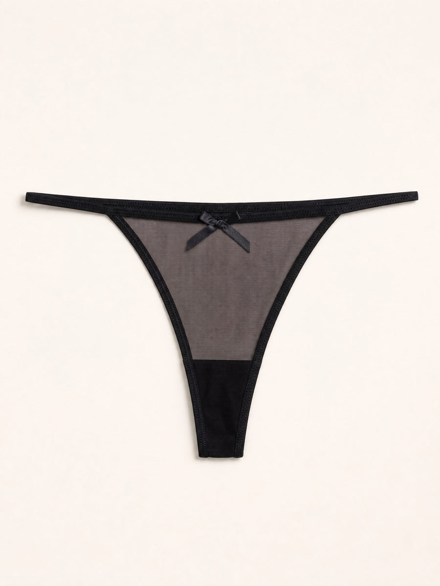 Black Mesh Thong with Lace Bow Detail-Thong-Bellascena-bellascena