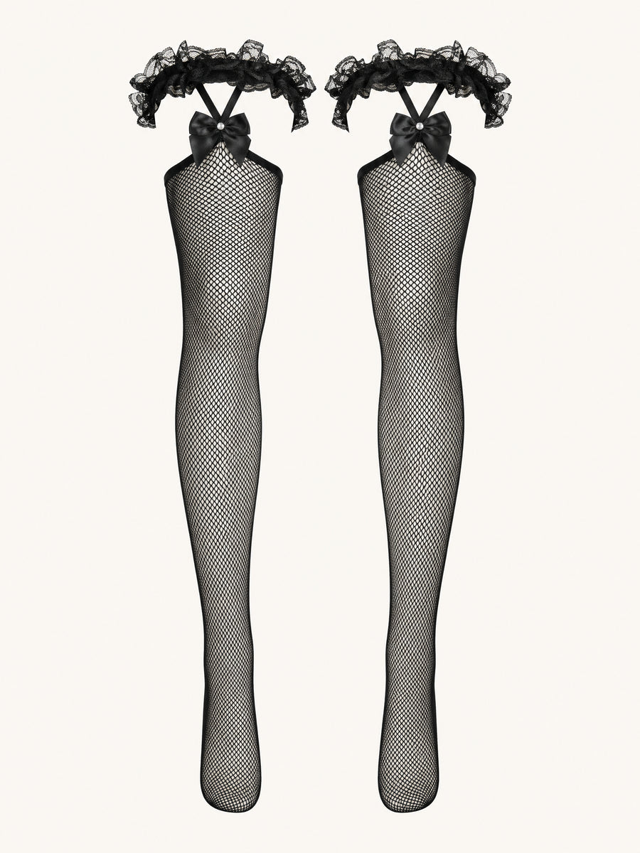 Black Mesh Tights with Bow Detail-Tights-Bellascena-Black-One Size-bellascena