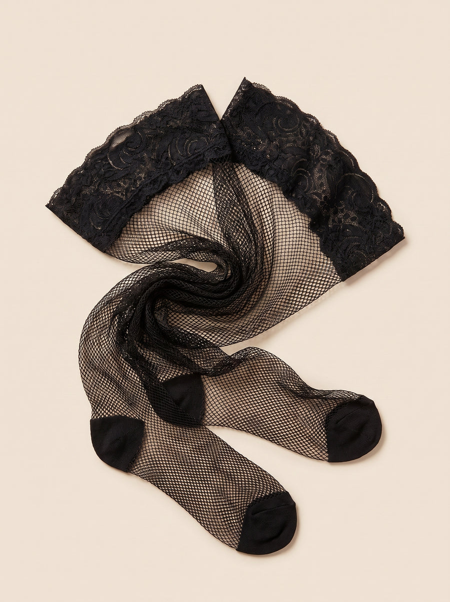 Black Mesh Tights with Lace Trim Detail-Tights-Bellascena-bellascena