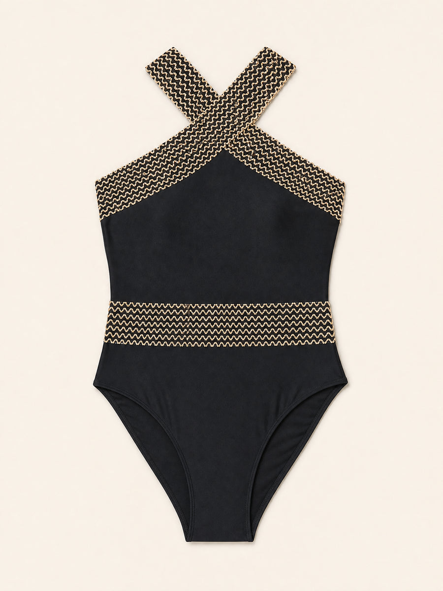 Black Nylon Shaping Swimwear with Criss-Cross Straps-One-Piece Swimsuit-Bellascena-bellascena