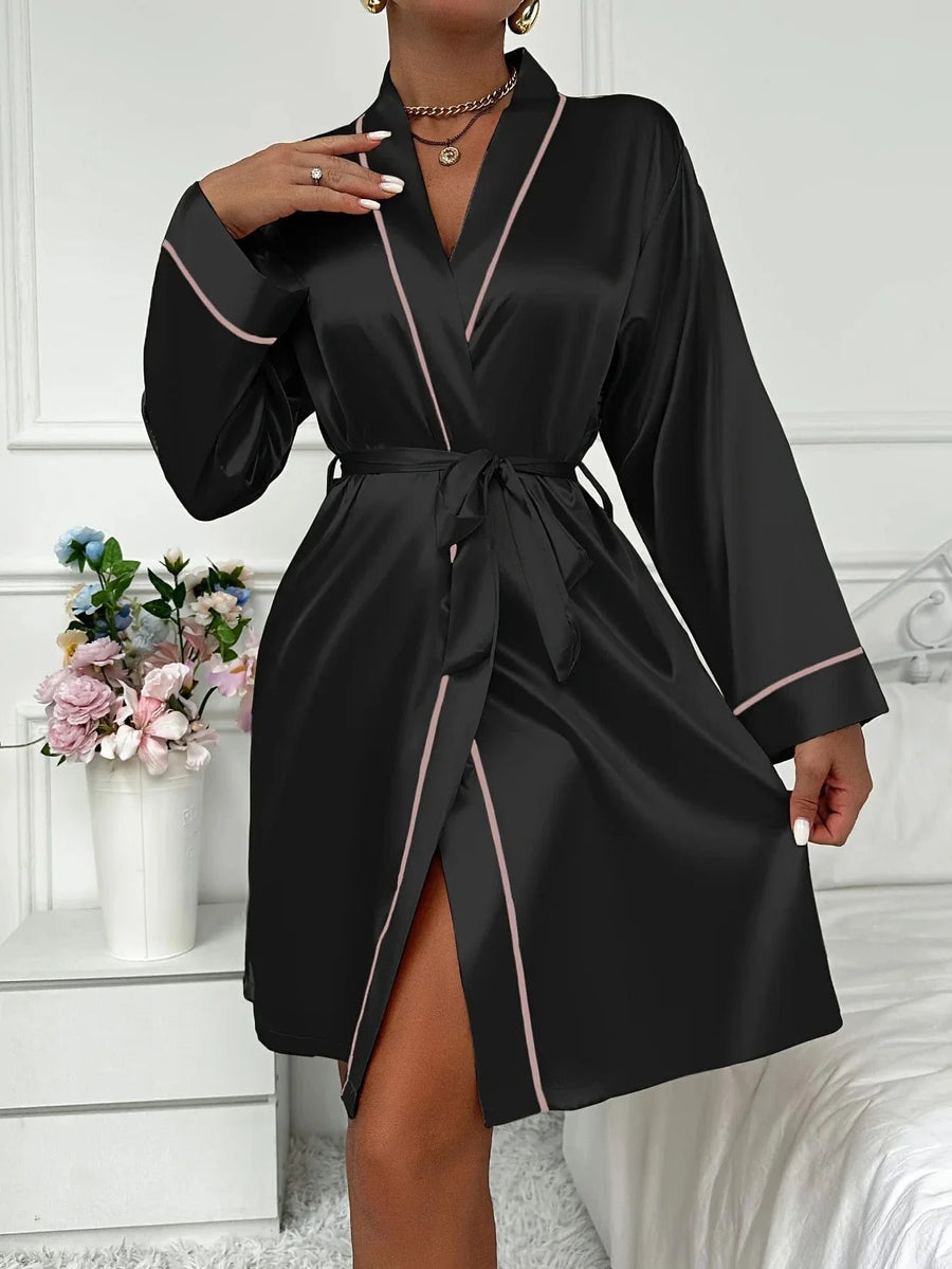 Black Piping Deep Red Satin Kimono Robe with Tie Belt-Kimono Robe-Bellascena-Black-S-bellascena