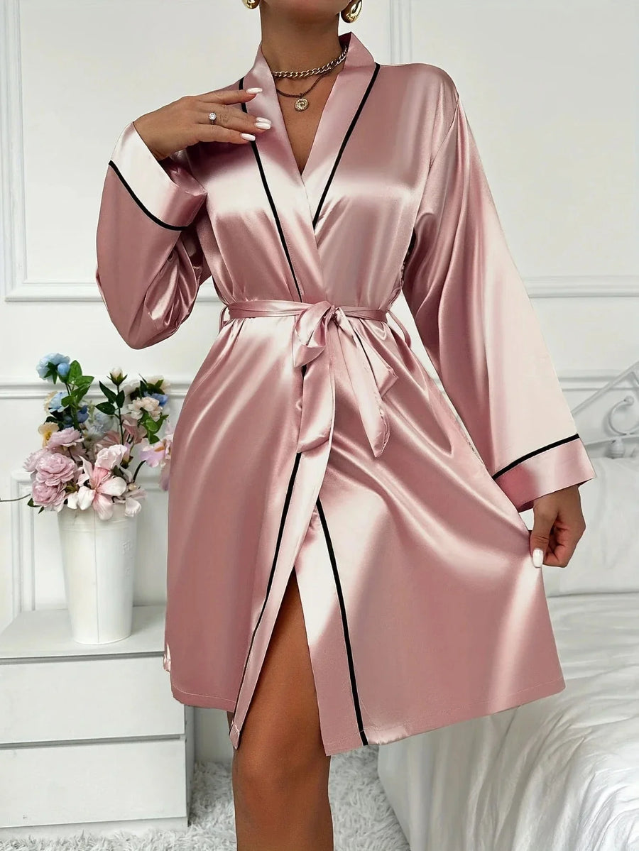 Black Piping Deep Red Satin Kimono Robe with Tie Belt-Kimono Robe-Bellascena-Pink-S-bellascena