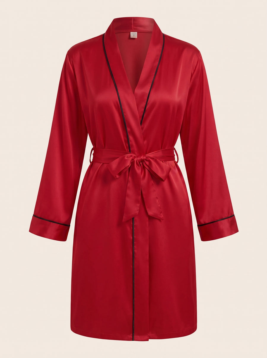 Black Piping Deep Red Satin Kimono Robe with Tie Belt-Kimono Robe-Bellascena-Red-S-bellascena