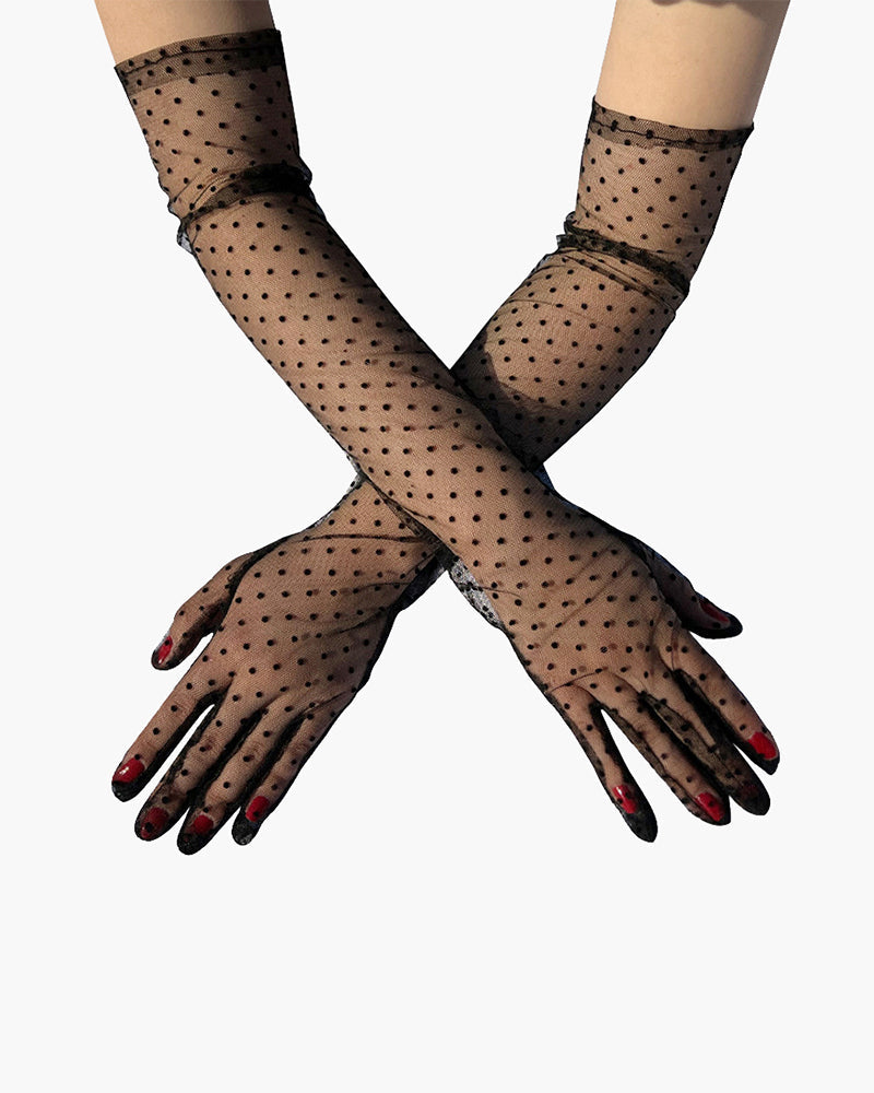 Black Polka Dot Lace Gloves with Long Length-Gloves-Bellascena-bellascena
