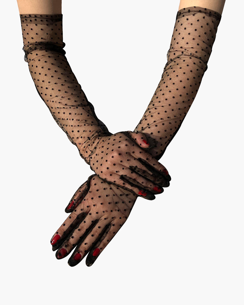 Black Polka Dot Lace Gloves with Long Length-Gloves-Bellascena-bellascena