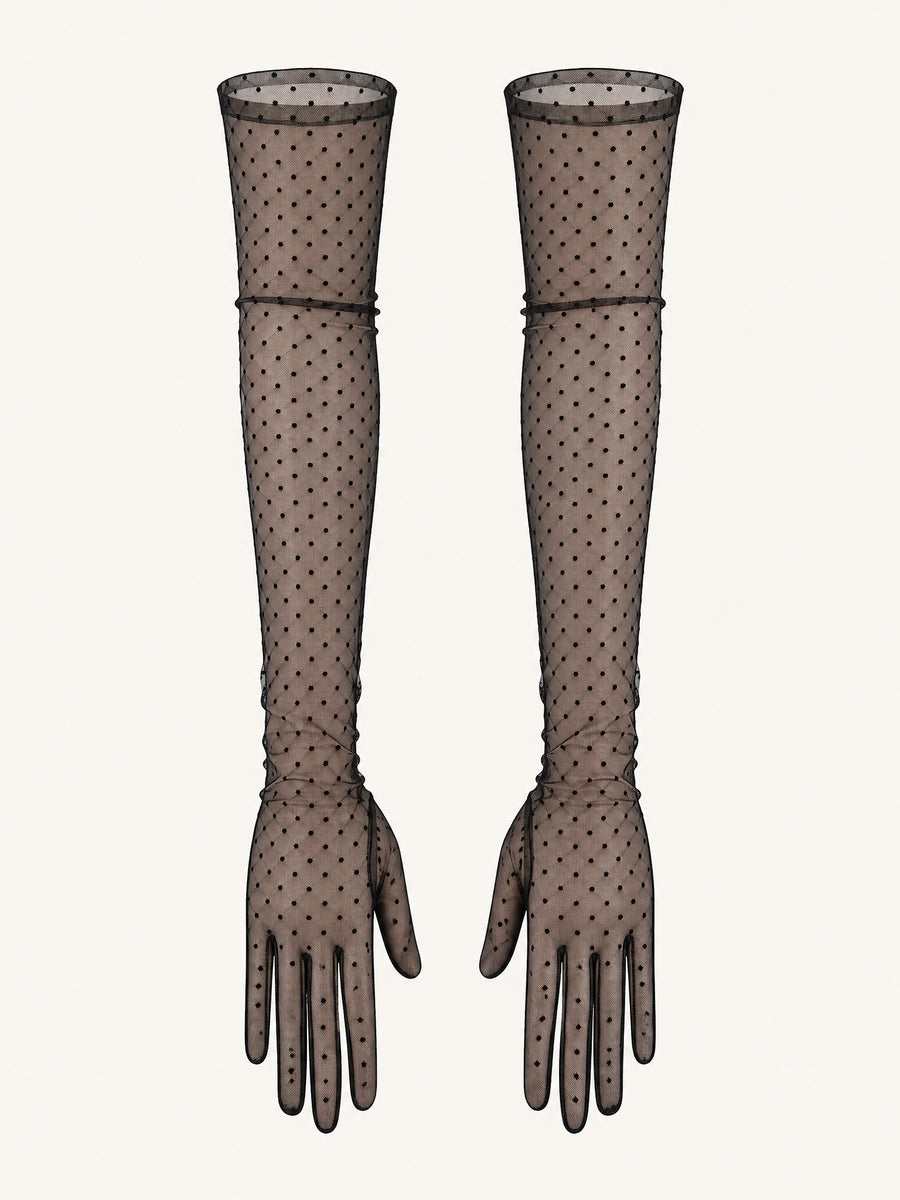 Black Polka Dot Lace Gloves with Long Length-Gloves-Bellascena-Black-One Size-bellascena