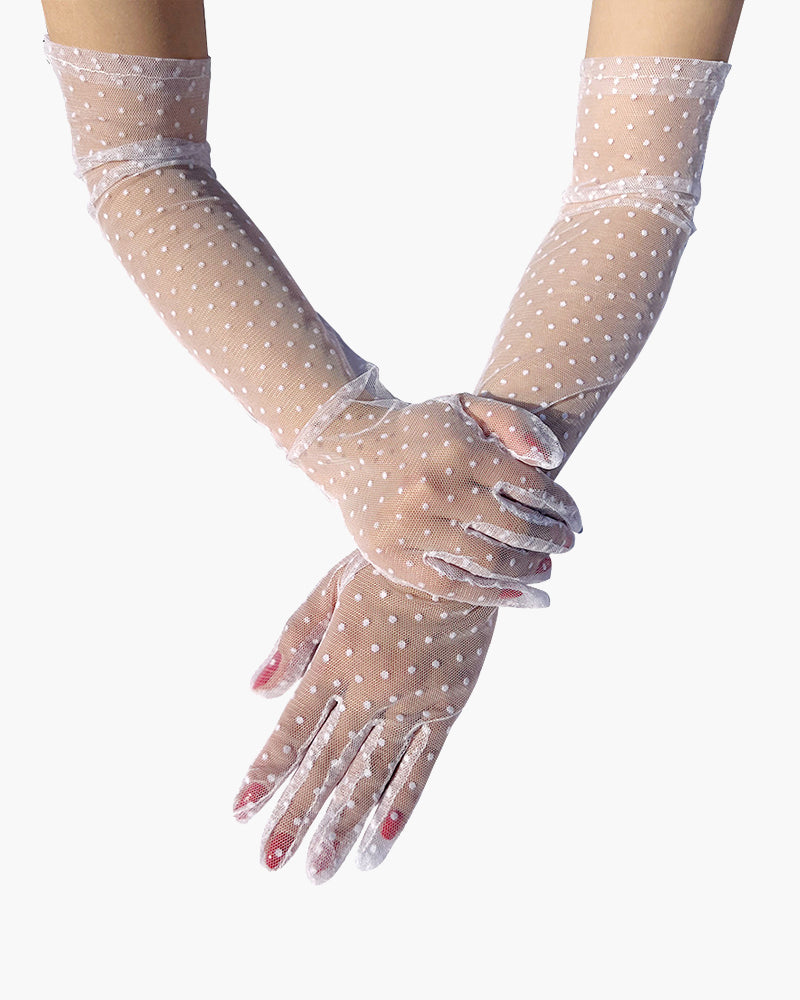 Black Polka Dot Lace Gloves with Long Length-Gloves-Bellascena-White-One Size-bellascena