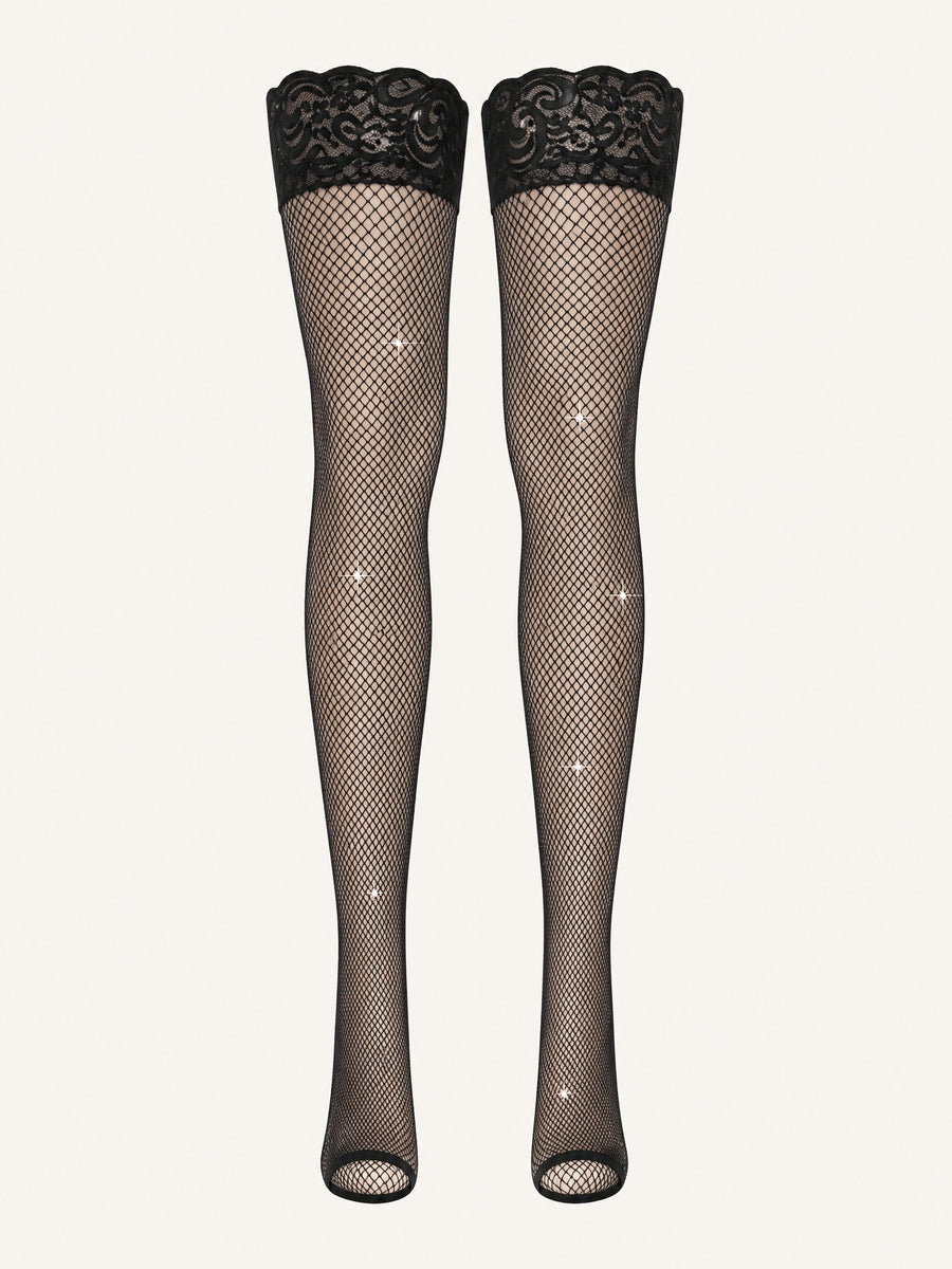 Black Rhinestone Fishnet Tights with Sheer Detail-Tights-Bellascena-Black-One Size-bellascena