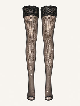 Black Rhinestone Fishnet Tights with Sheer Detail-Tights-Bellascena-Black-One Size-bellascena