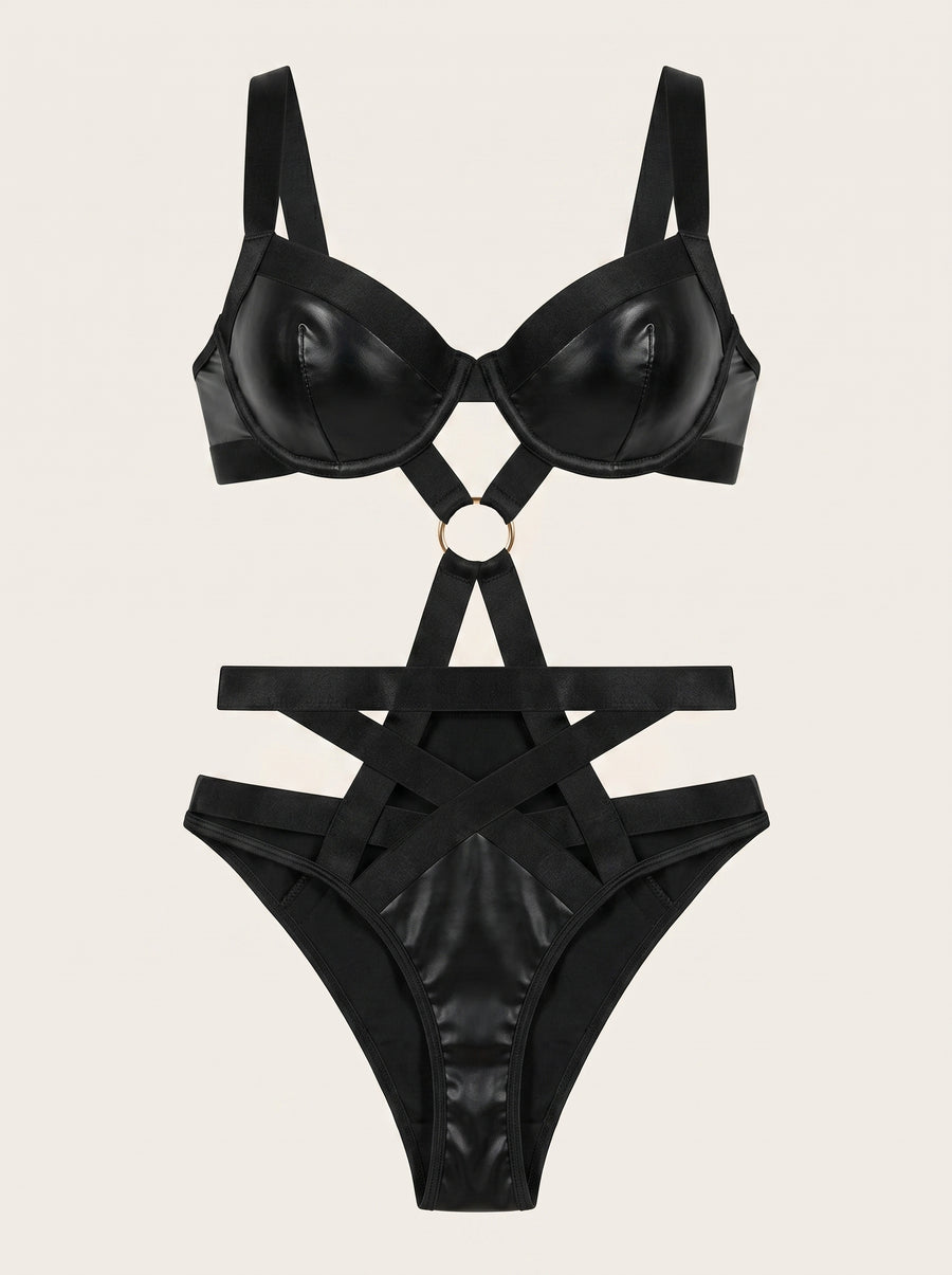 Black Satin Bodysuit with Strappy Cutout Design-Bodysuit-Bellascena-S-Black-bellascena