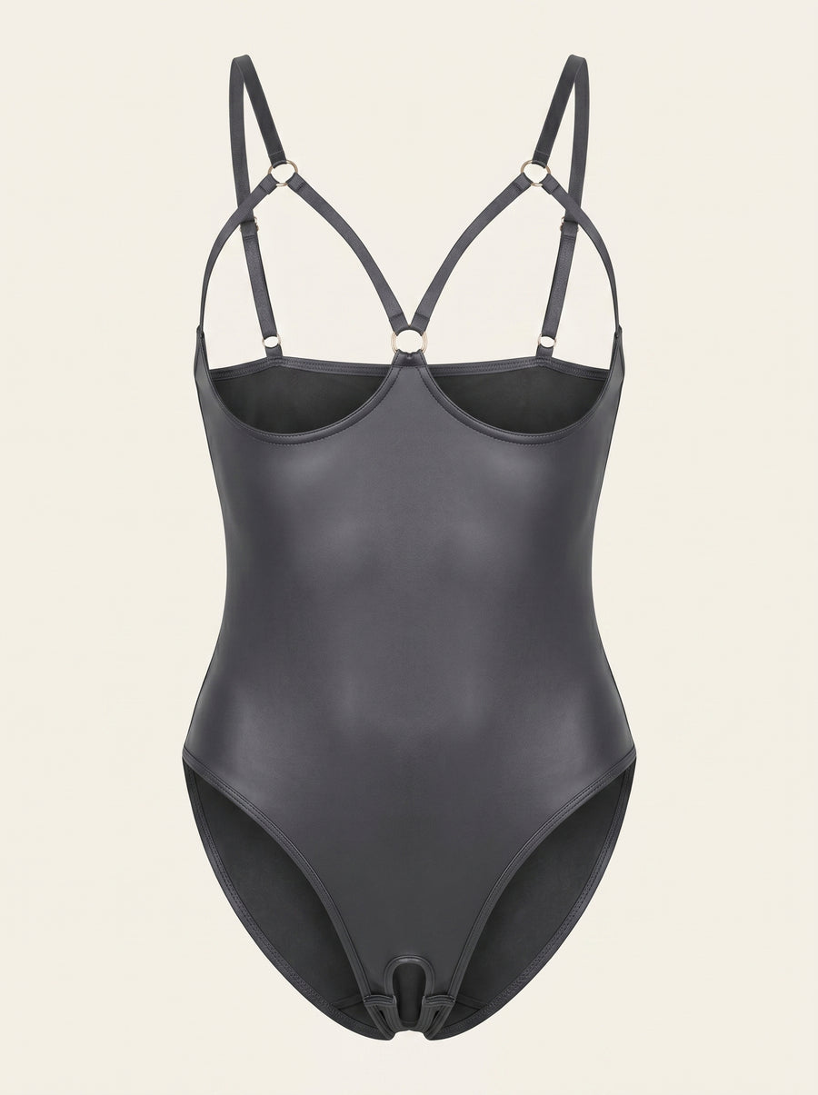 Black Satin Bodysuit with Strappy Open Back-Bodysuit-Bellascena-Black-S-bellascena