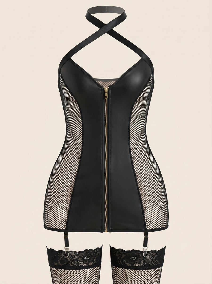 Black Satin Corset with Sheer Fishnet Panels-Corset-Bellascena-Black(No Stockings)-S-bellascena