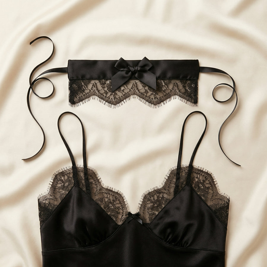 Black Satin Eye Mask with Lace Trim and Ribbon Tie-Eye Mask-Bellascena-bellascena