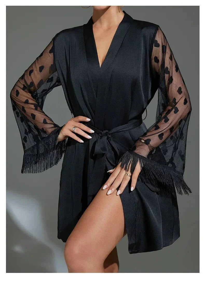 Black Satin Kimono Robe with Heart Lace Trim-Kimono Robe-Bellascena-bellascena