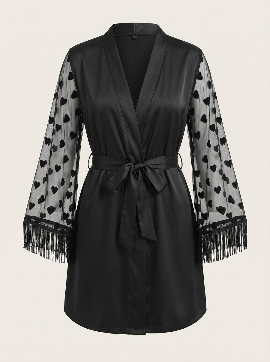 Black Satin Kimono Robe with Heart Lace Trim-Kimono Robe-Bellascena-Black-S-bellascena