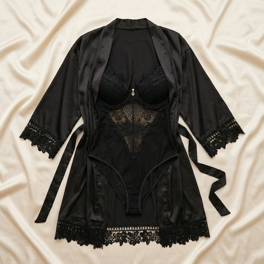 Black Satin Kimono Robe with Lace Trim-Kimono Robe-Bellascena-bellascena