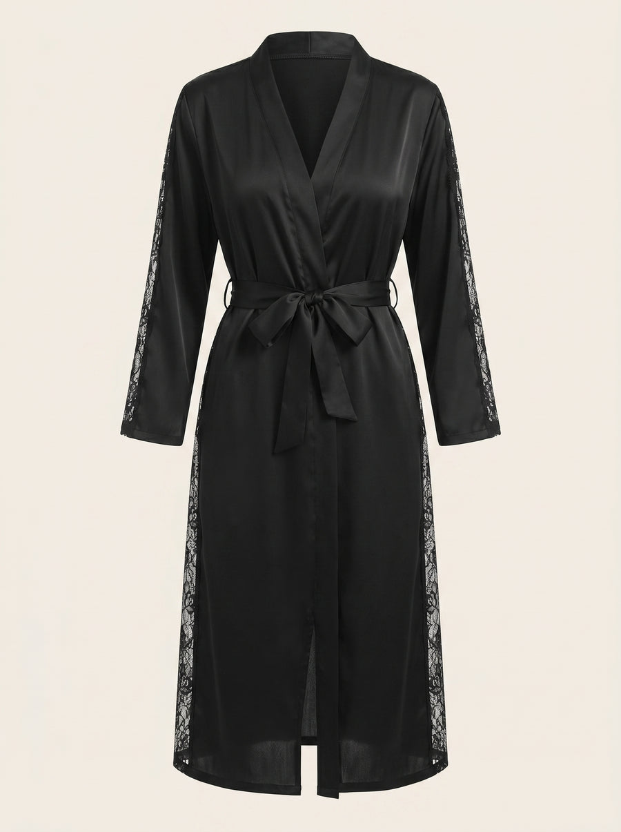 Black Satin Kimono Robe with Lace Trim-Kimono Robe-Bellascena-Black-M-bellascena