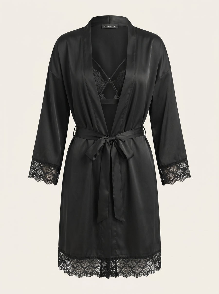 Black Satin Kimono Robe with Lace Trim-Kimono Robe-Bellascena-Black-S-bellascena