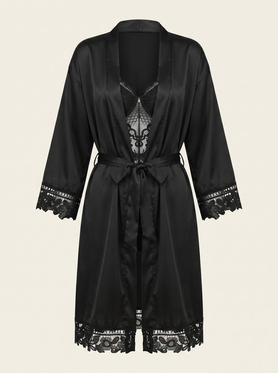 Black Satin Kimono Robe with Lace Trim-Kimono Robe-Bellascena-Black-XS/S-bellascena