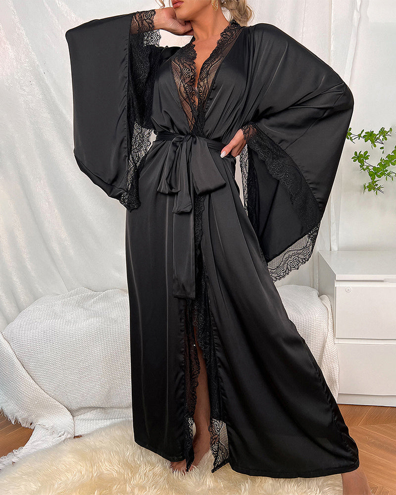 Black Satin Kimono Robe with Lace Trim-Nightgown-Bellascena-bellascena
