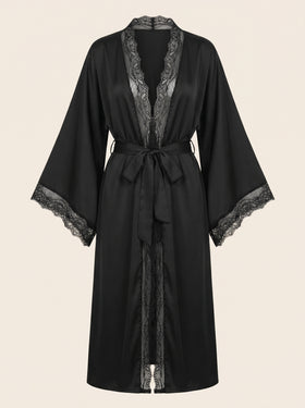 Black Satin Kimono Robe with Lace Trim-Nightgown-Bellascena-Black-S-bellascena