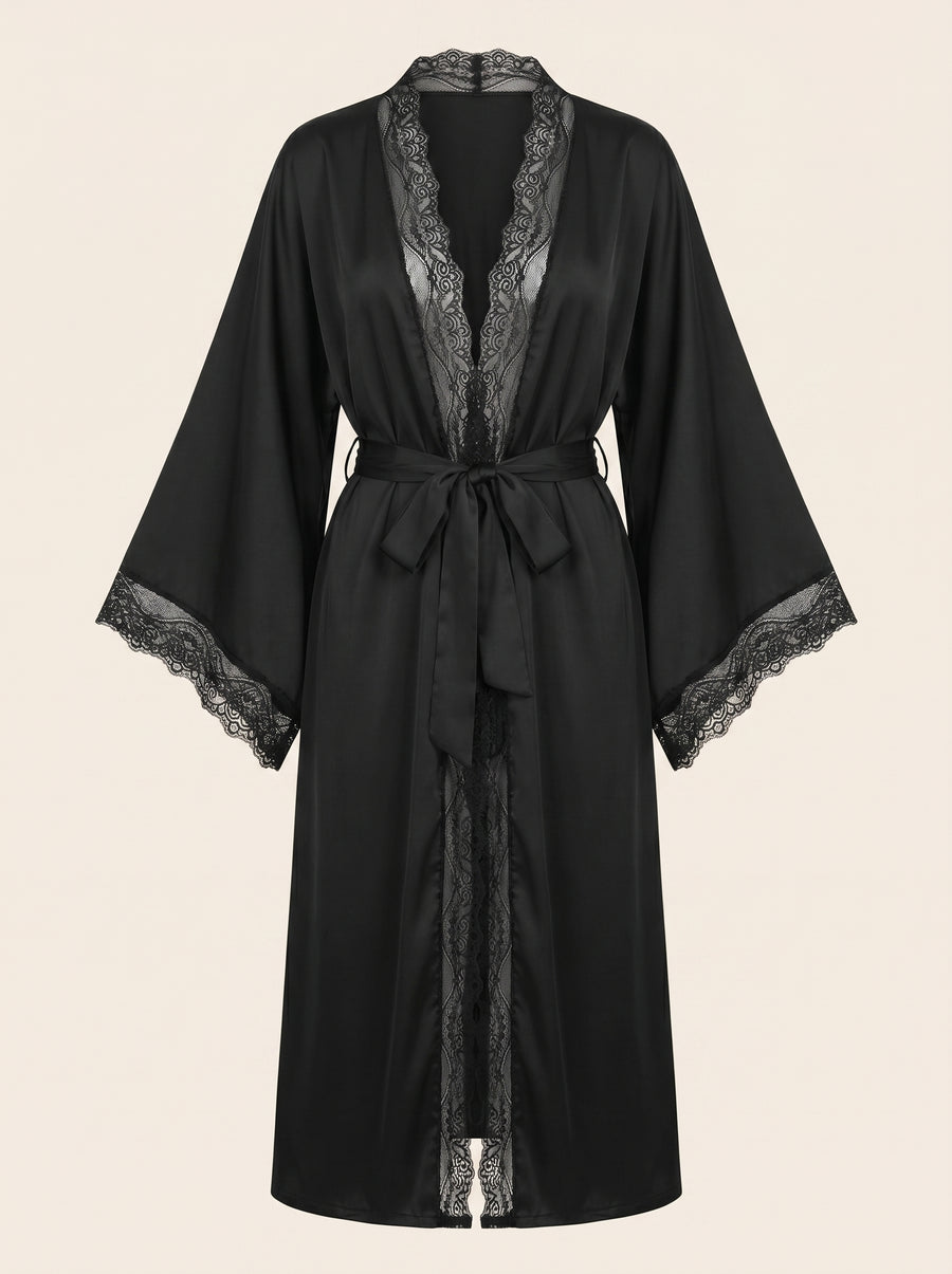 Black Satin Kimono Robe with Lace Trim-Nightgown-Bellascena-Black-S-bellascena
