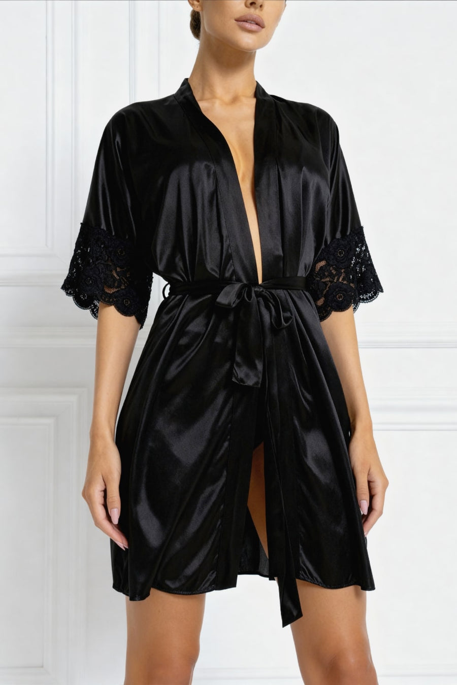 Black Satin Kimono Robe with Sheer Lace Trim-Kimono Robe-Bellascena-bellascena