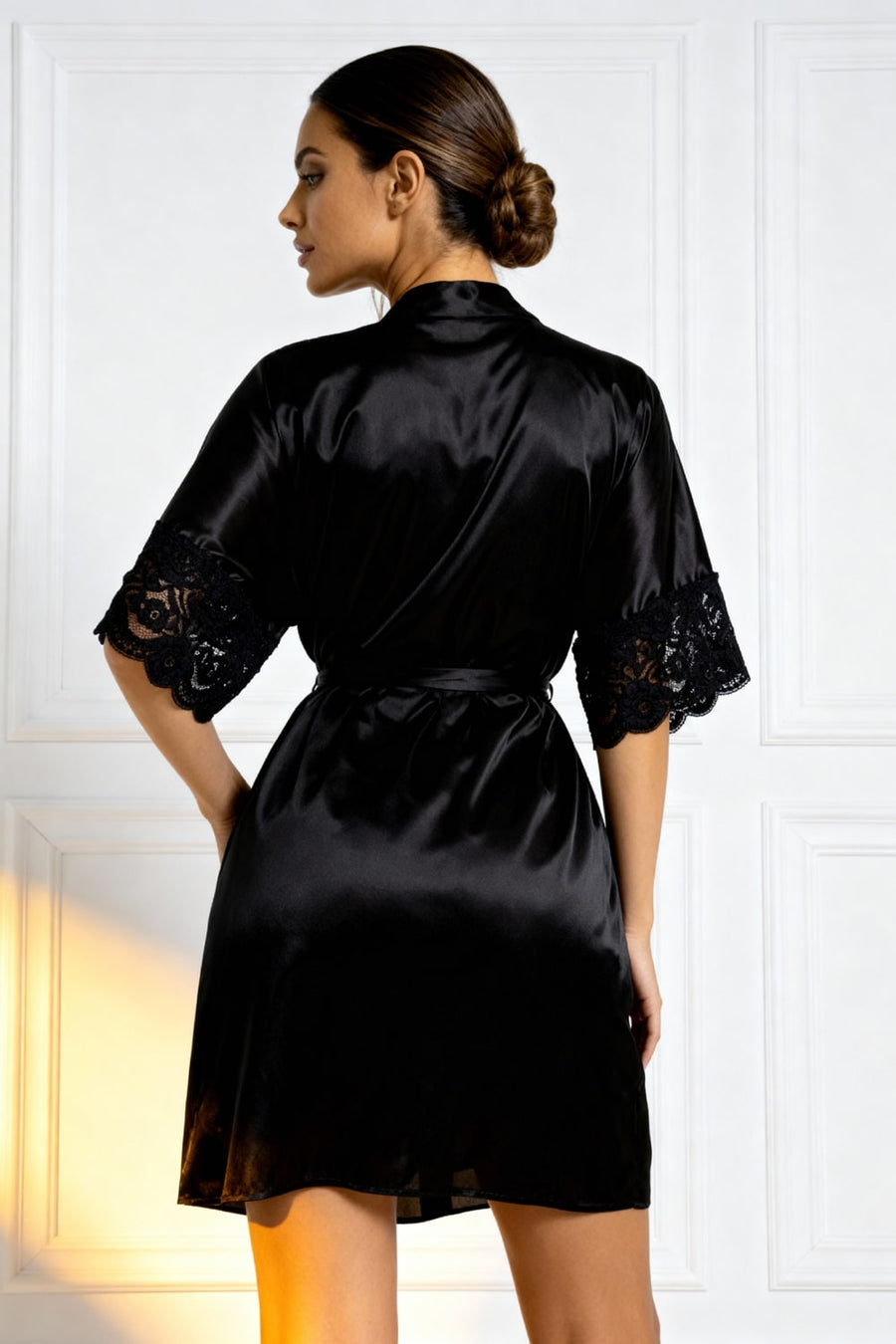 Black Satin Kimono Robe with Sheer Lace Trim-Kimono Robe-Bellascena-bellascena