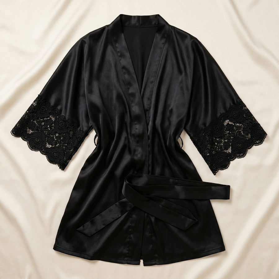 Black Satin Kimono Robe with Sheer Lace Trim-Kimono Robe-Bellascena-bellascena