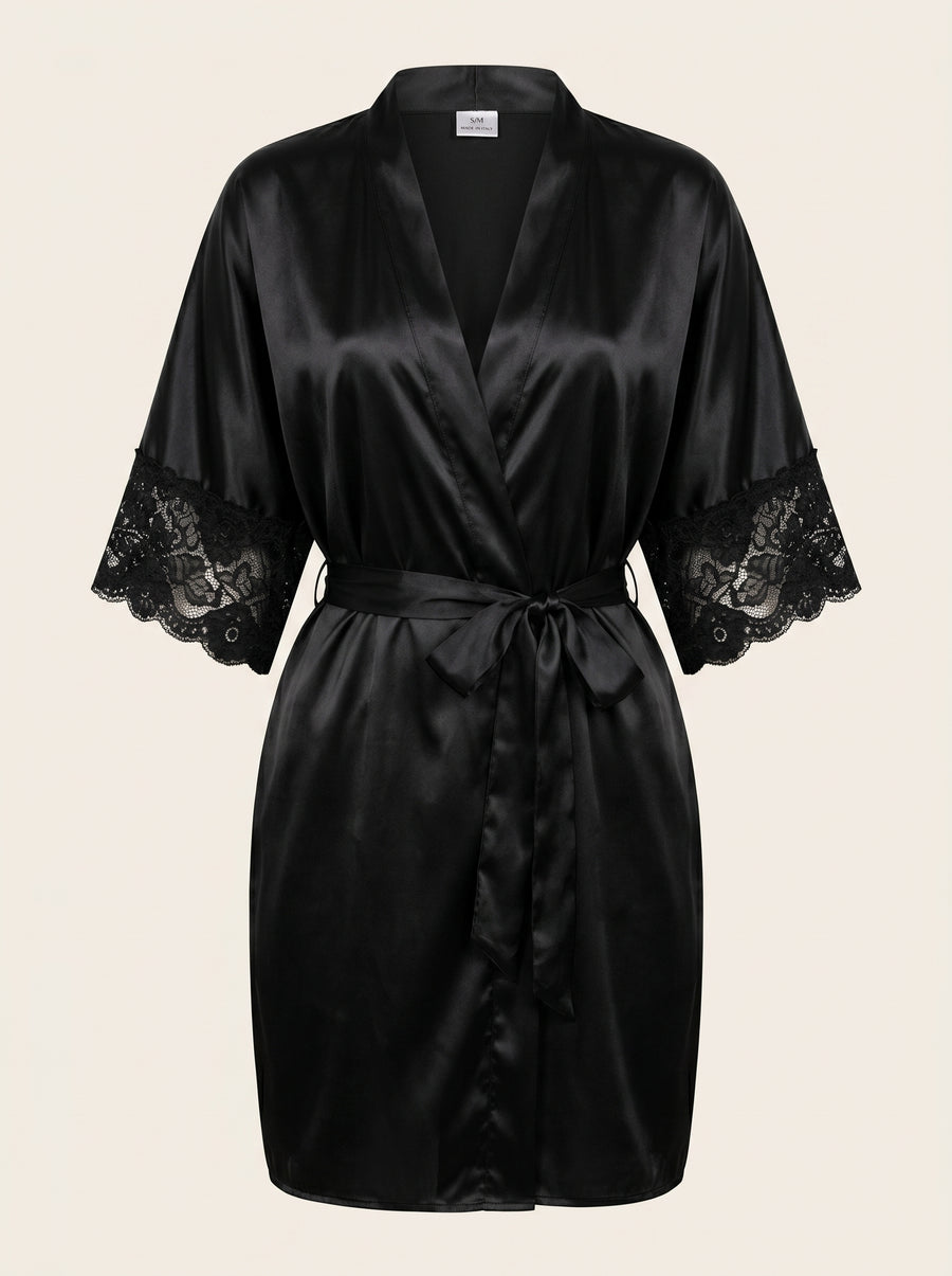 Black Satin Kimono Robe with Sheer Lace Trim-Kimono Robe-Bellascena-S-Black-bellascena